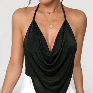 Black Sexy Women's Concert Draped Front Backless Party Halter Top